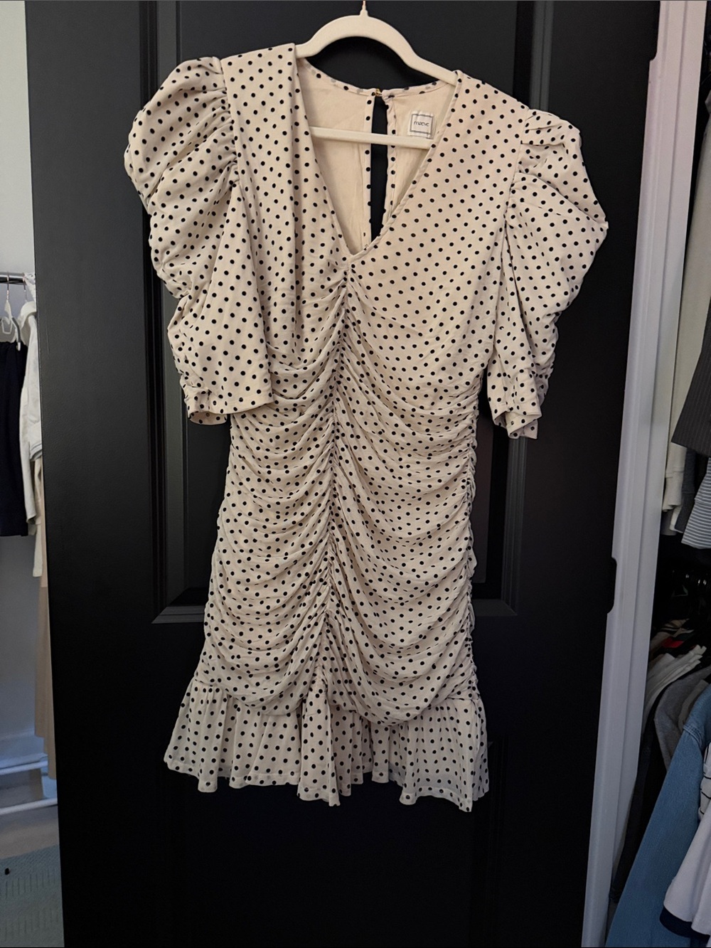 Maeve Cream Polka Dot Ruched Midi Dress with Puff Sleeves